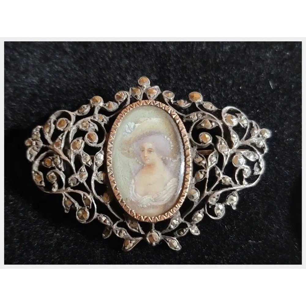 14k Gold Sterling Silver & Marcasite Filigree Miniature Portrait Brooch